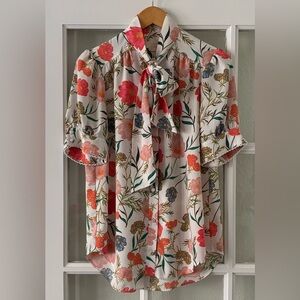 kate spade Cream Floral Tie-Neck Blouse with Pink & Green Accents